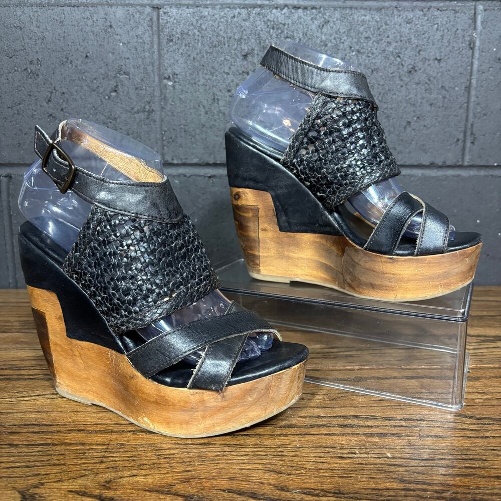 Bed Stu Black Leather Woven Platform Wedge Sandals Ankle Strap Women’s 7